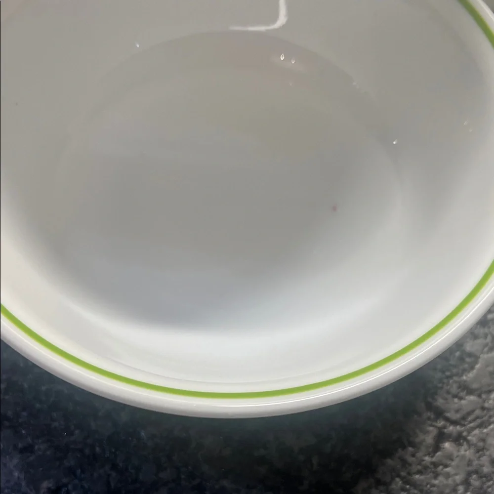 Set of 4 White Corelle SPRING MEADOW cereal bowls with Green and Blue Trim. 6”
